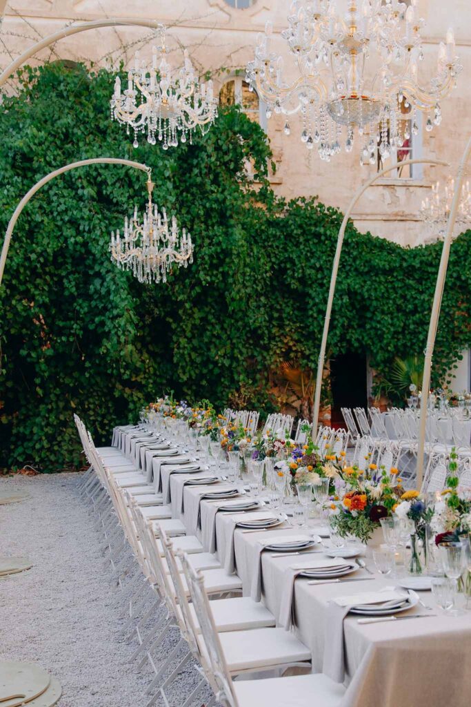 Chateau de Robernier Elise Morgan detail shot reception table glass chandeliers