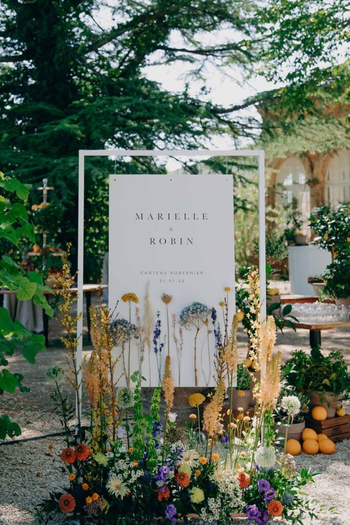 Chateau de Robernier Elise Morgan detail shot signage spring flower decor design