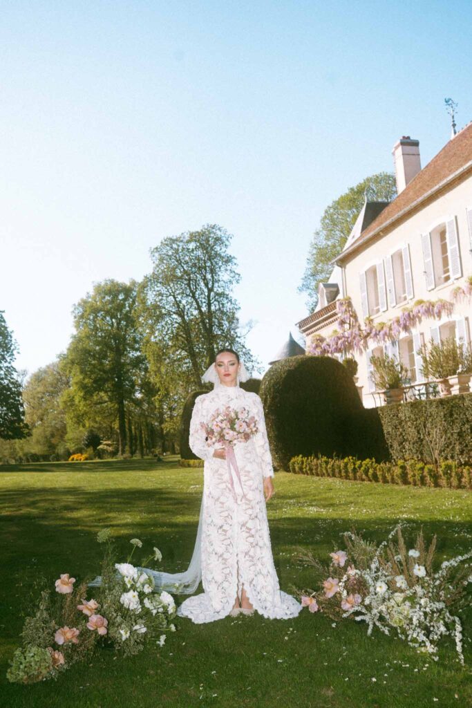 Chateau de la gruerie bride lace turtle neck mermaid longsleeves dress ceremony altar holding bouquet