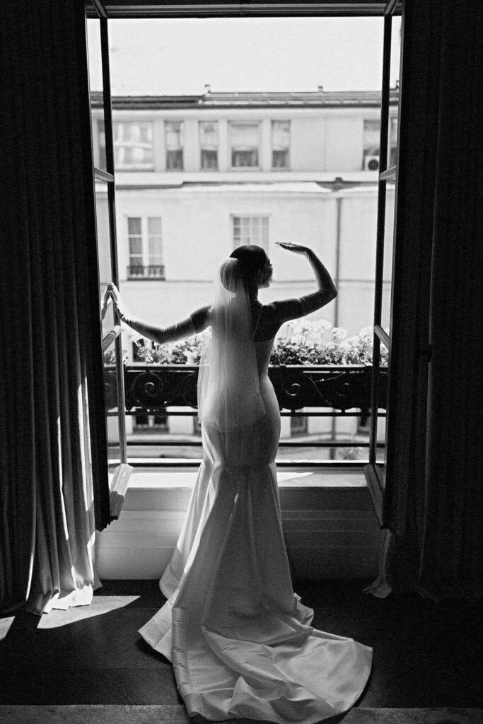 Boat in Paris Joan Jellet bride get ready hotel window back shot