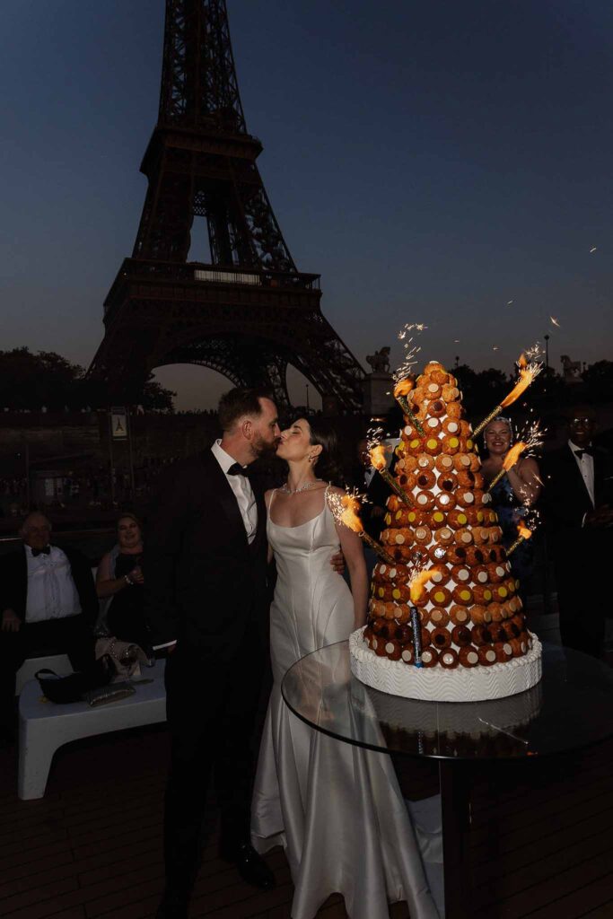 Boat in Paris Joan Jellet bride groom kissing pastry tower sparkle