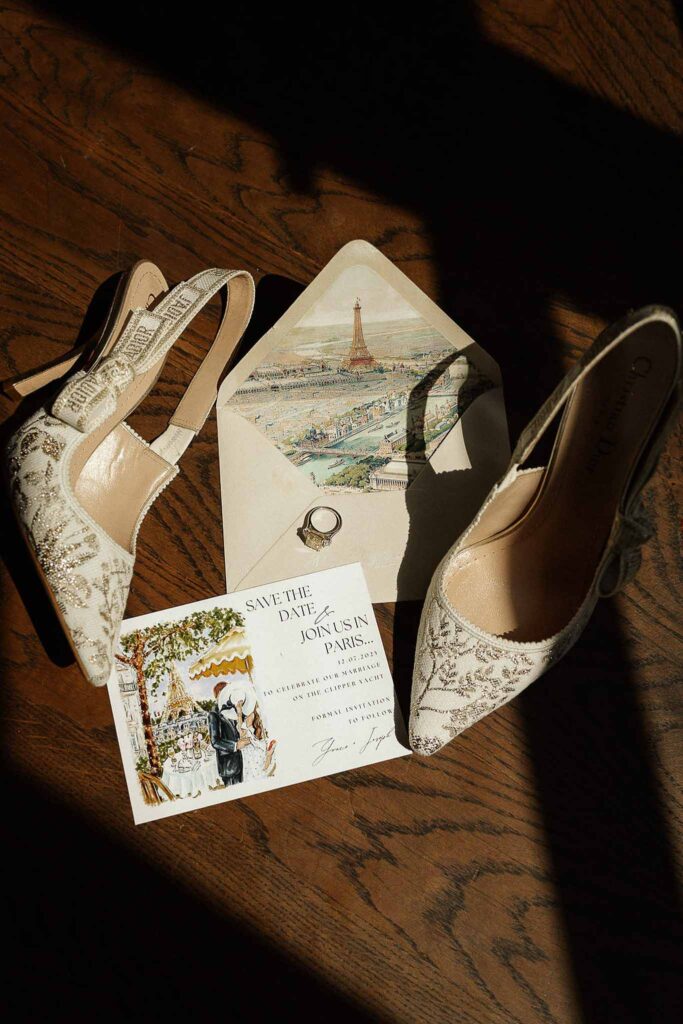 Boat in Paris Joan Jellet flatlay invitatin pointed bride shoes ring