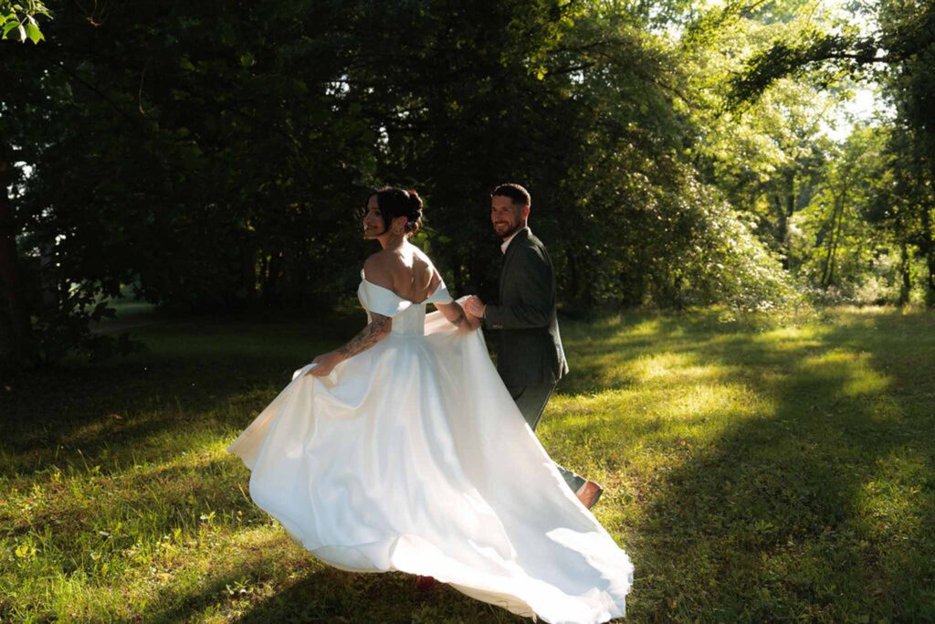 Chateau de Glairans Labricole bride groom running forest sunlight