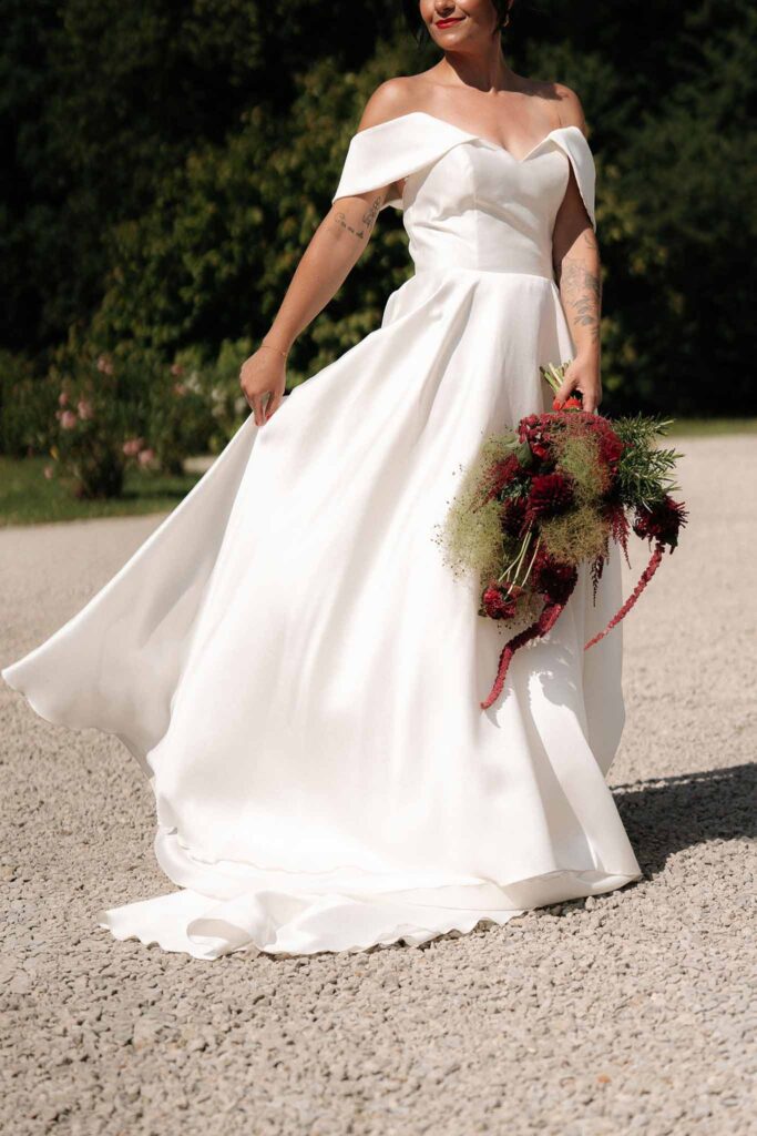 Chateau de Glairans Labricole bride off shoulder a line dress