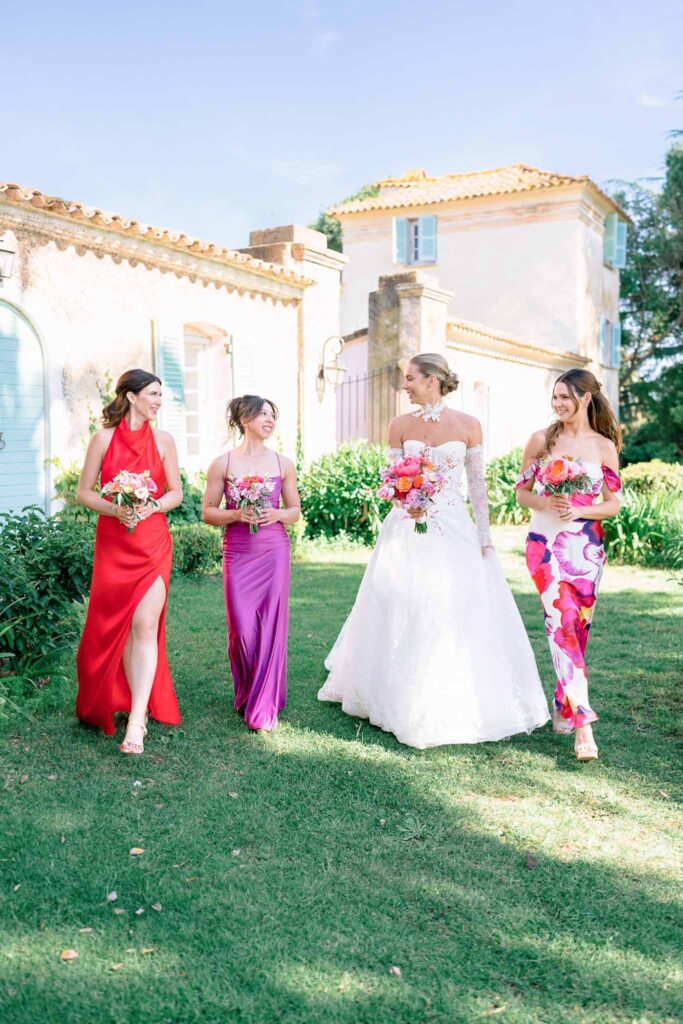 Domaine de Vignale Vincent Pennachio bride bridesmaids walking garden looking each other