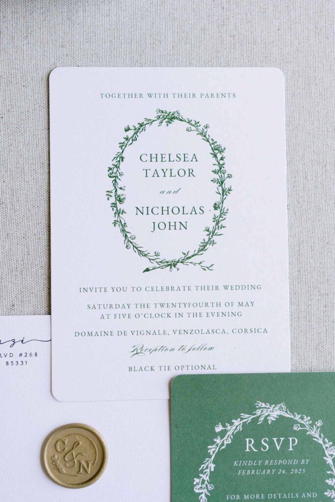 Domaine de Vignale Vincent Pennachio flatlay invitations sage green
