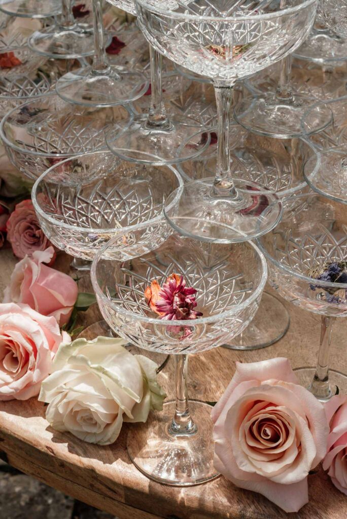 du Raysse W.Towell champagne glass tower close up flower rose decor