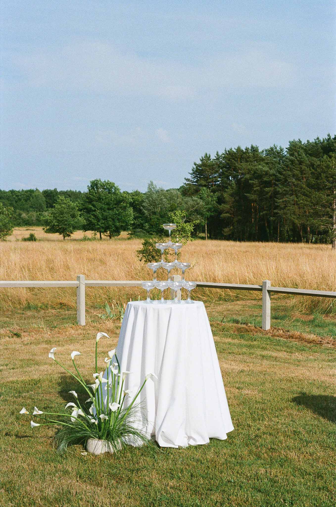 Champagne coupe tower on white linen table with white calla lily arrangement on cocktail lawn