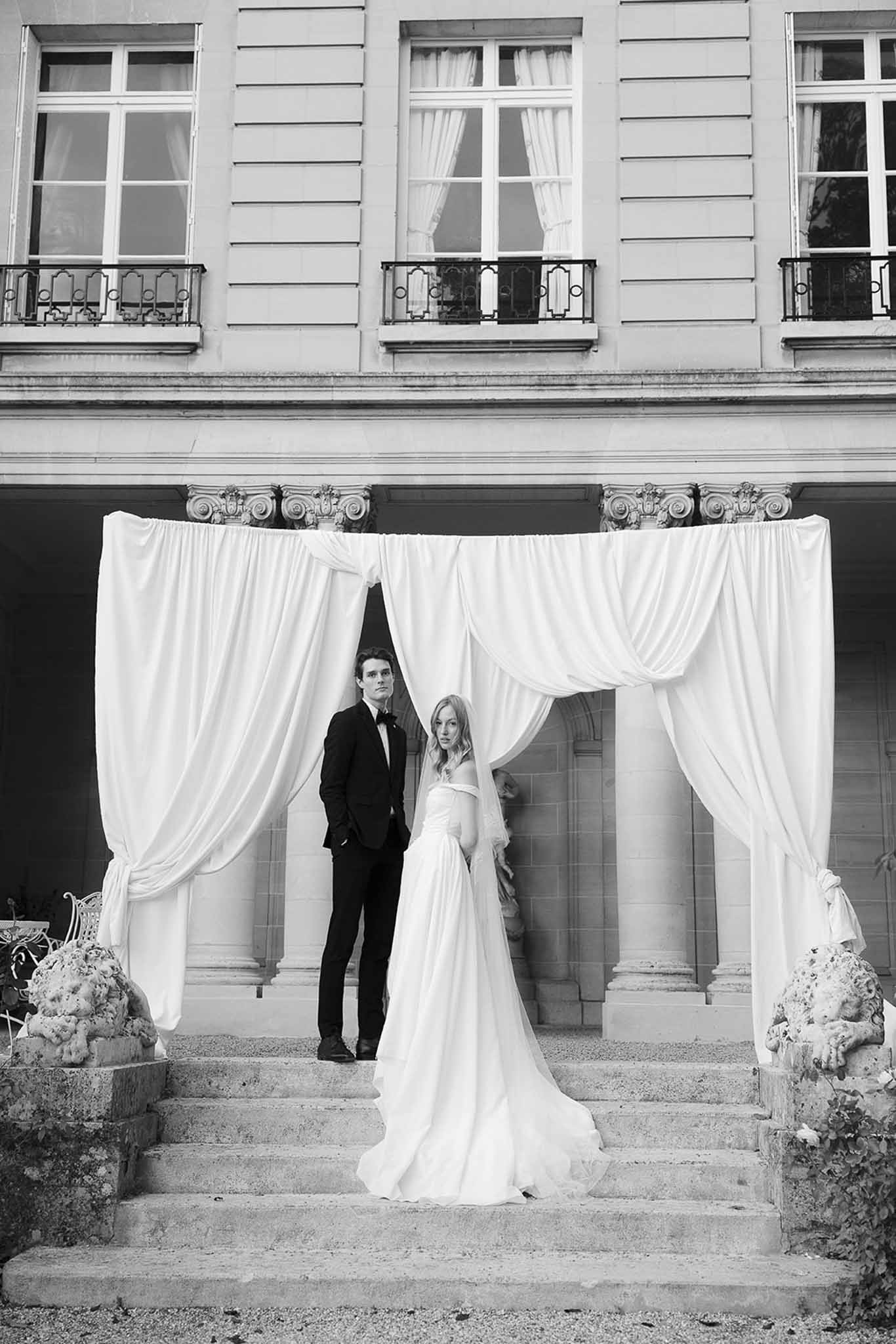 Black and white photo of bride and groom portrait