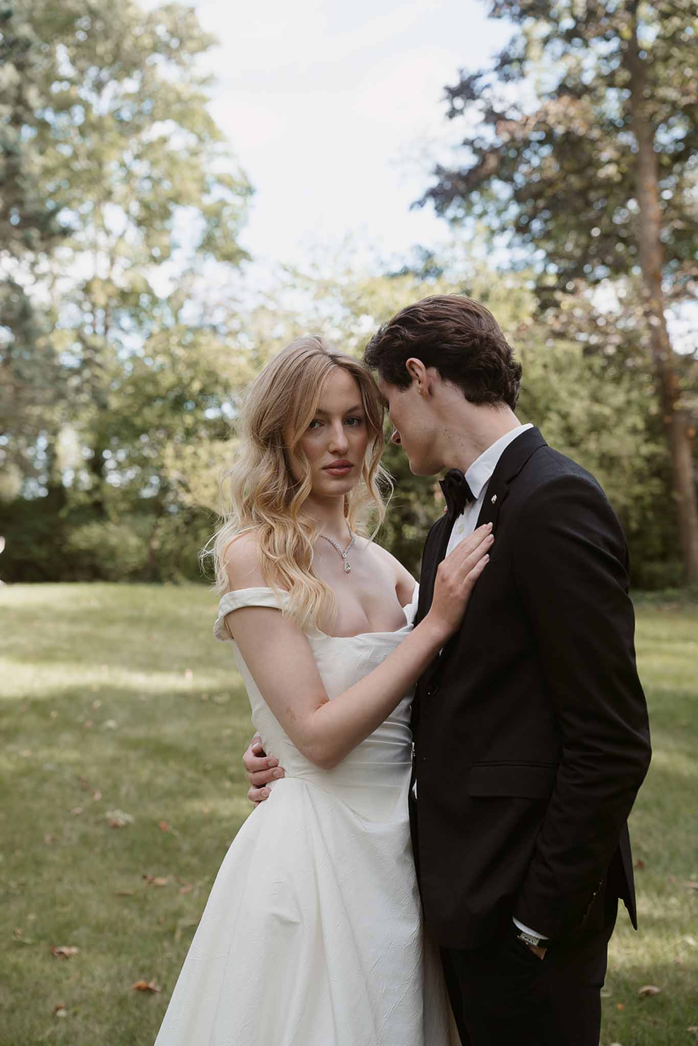 Black and white photo of bride and groom portrait
